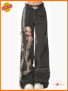 High Waist Baggy Wide Leg Fringe Ripped Jeans Y2K Vintage Casual Straight Denim